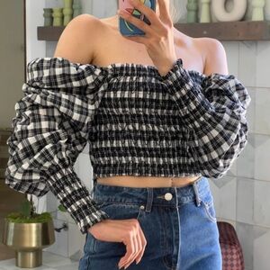 163. H&M Plaid Smock Balloon Sleeve Top NWOT